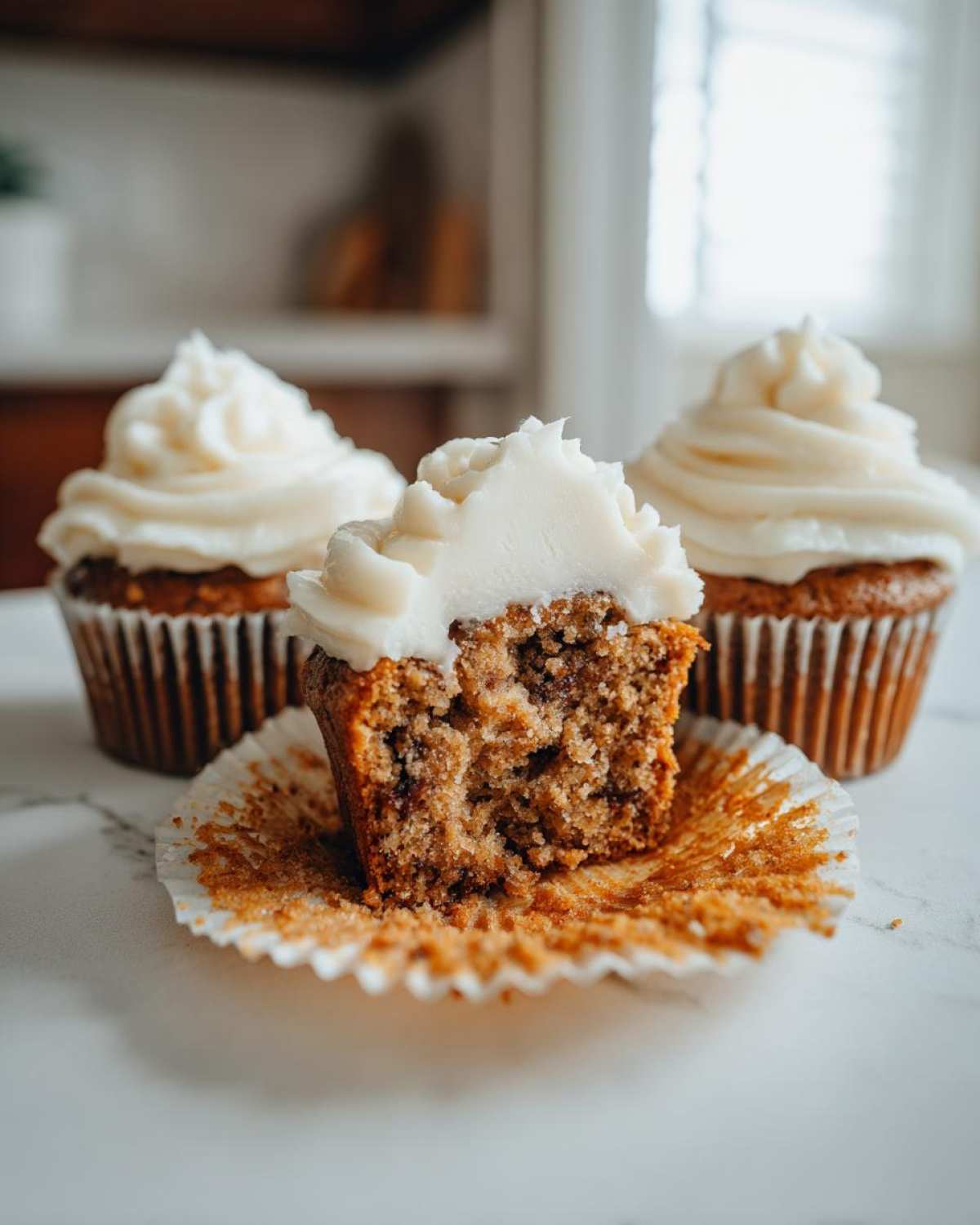 Close-up of a moist banana cupcakes cut in half showing the texture, topped with white frosting.
