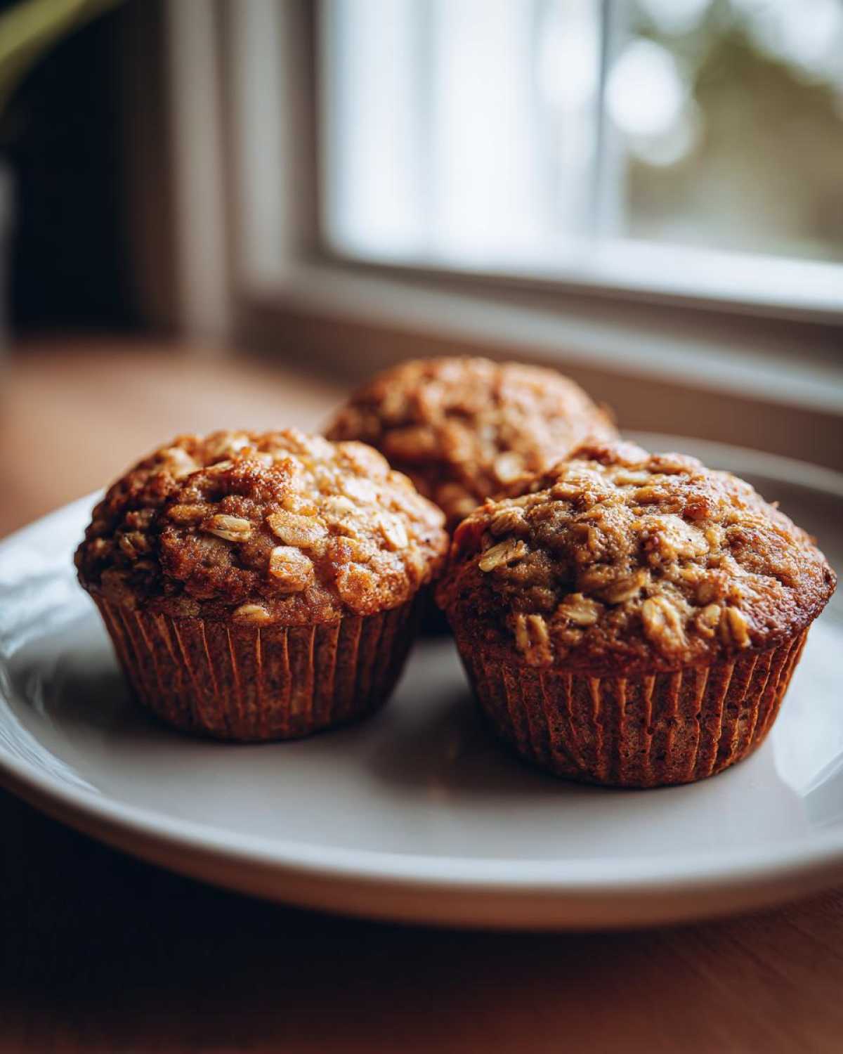 Close-up of three golden brown banana oatmeal muffins topped with visible oats, sitting on a light plate near a window.