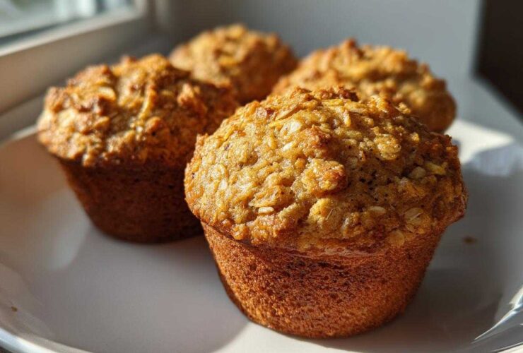 Four golden-brown banana oatmeal muffins with visible oat topping sitting on a white plate near a window.
