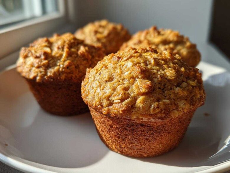 Four golden-brown banana oatmeal muffins with visible oat topping sitting on a white plate near a window.