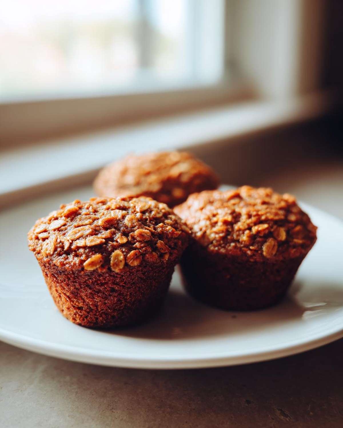 Three freshly baked banana oatmeal muffins topped with visible oats, sitting on a white plate near a bright window.