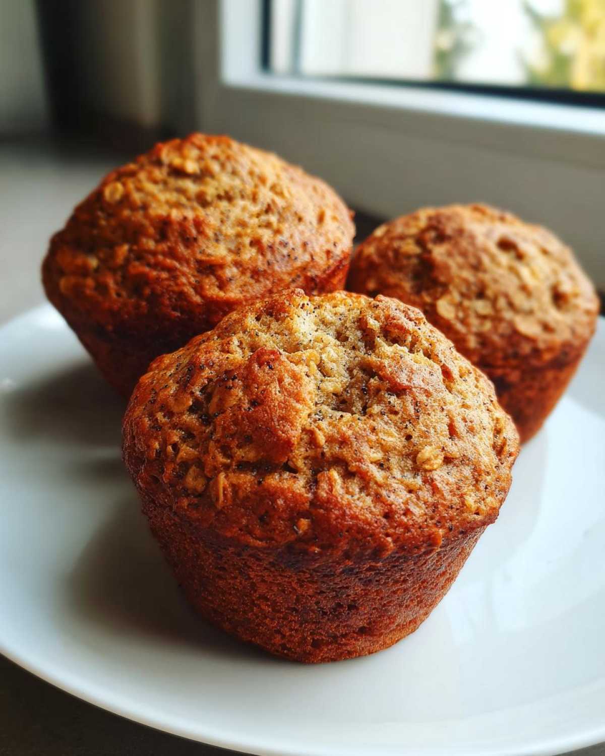 Three golden-brown banana oatmeal muffins resting on a white plate near a window.