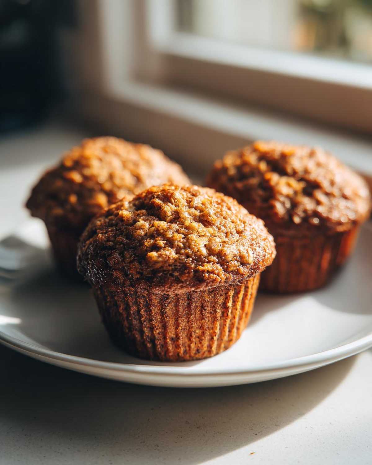 Three freshly baked banana oatmeal muffins with textured tops sitting on a white plate near a window.