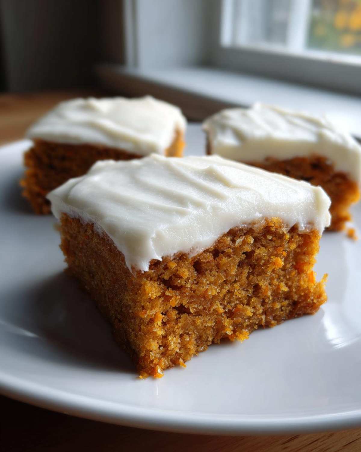 Close-up of moist carrot cake bars topped with thick cream cheese frosting, served on a white plate.