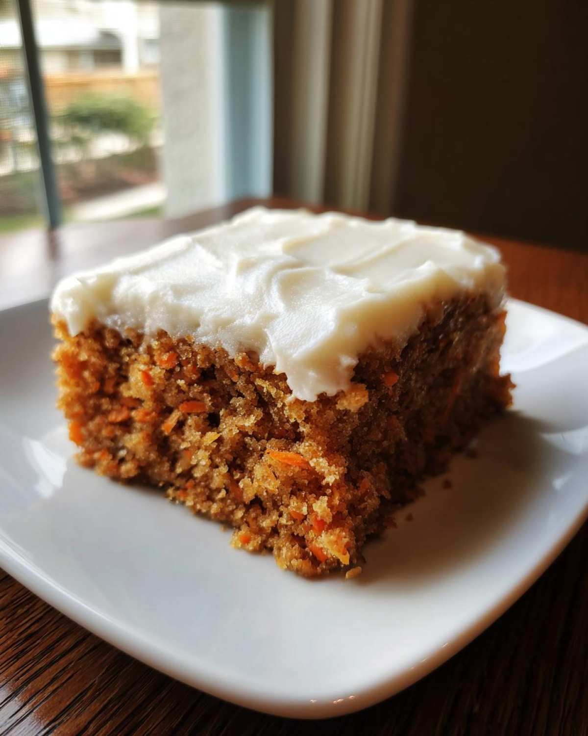 A single, moist square of carrot cake bars topped with thick cream cheese frosting on a white plate.