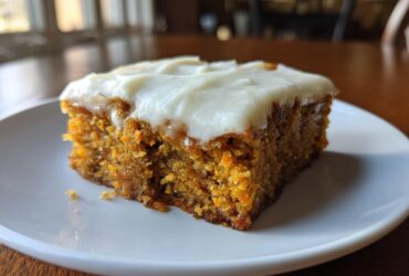 A close-up of a moist, square slice of carrot cake bars topped with thick cream cheese frosting on a white plate.