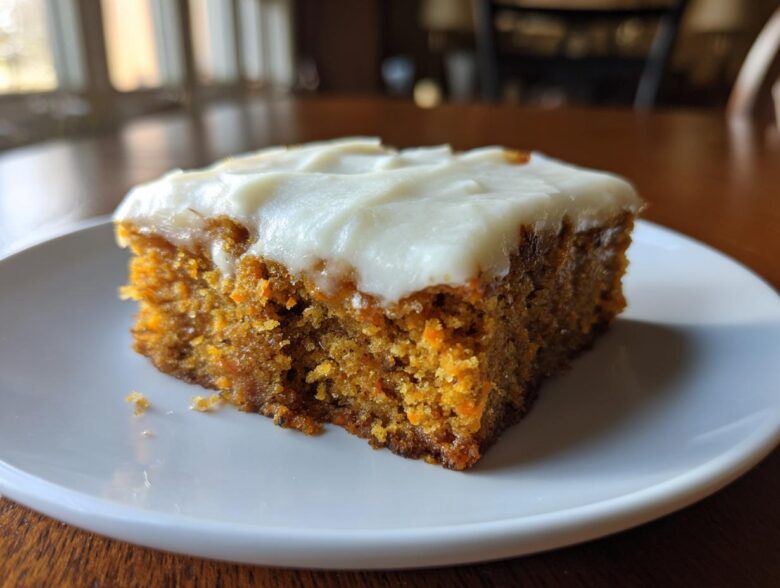 A close-up of a moist, square slice of carrot cake bars topped with thick cream cheese frosting on a white plate.