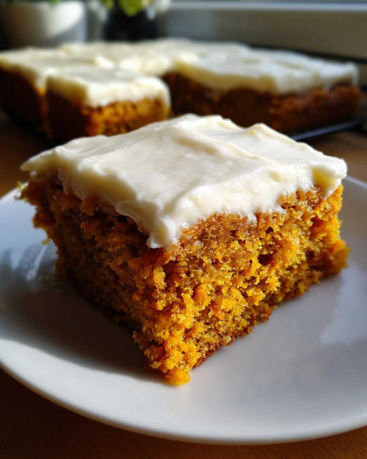Close-up of a moist slice of carrot cake bars topped with thick cream cheese frosting on a white plate.