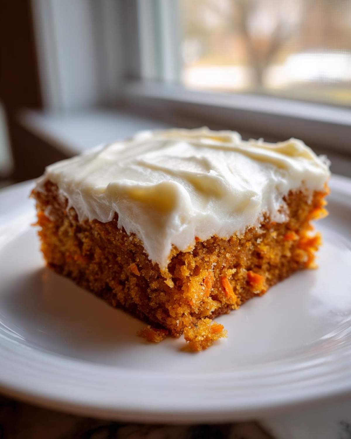 A close-up of a single square of moist carrot cake bars topped with thick cream cheese frosting on a white plate.