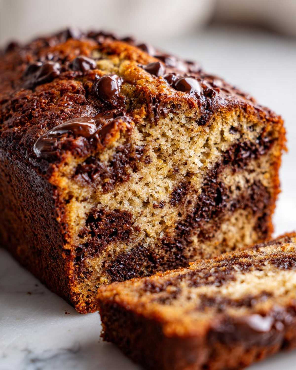 Close-up of a moist chocolate chip banana bread loaf with a slice cut off, showing rich chocolate swirls.