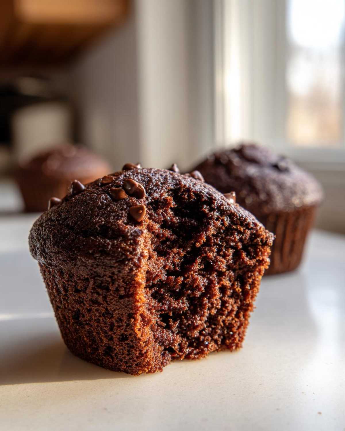 Close-up of a moist chocolate muffin with a bite taken out, showing the crumb texture and chocolate chips on top.