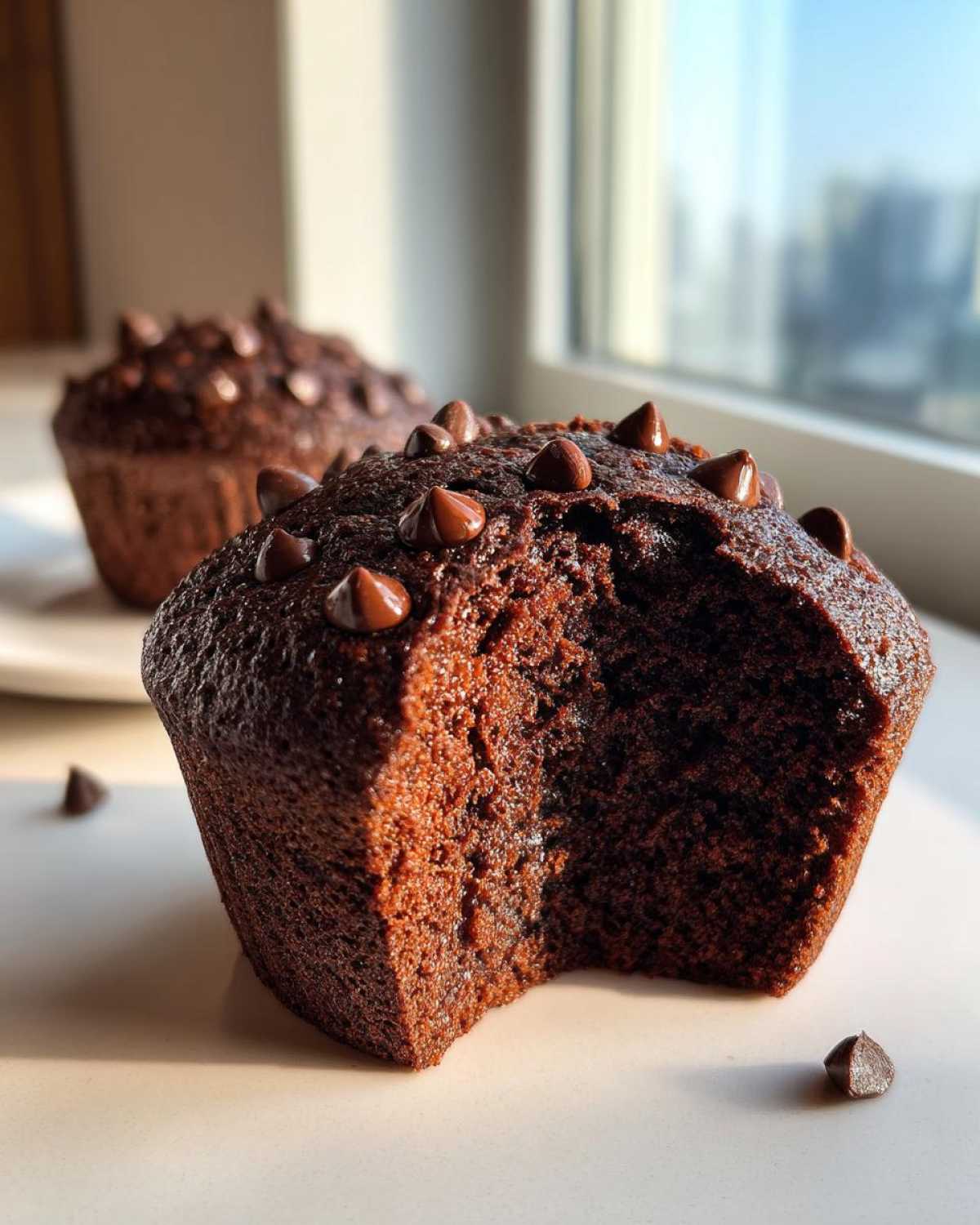 Close-up of a moist chocolate muffin with a bite taken out, topped with chocolate chips, highlighting the texture.