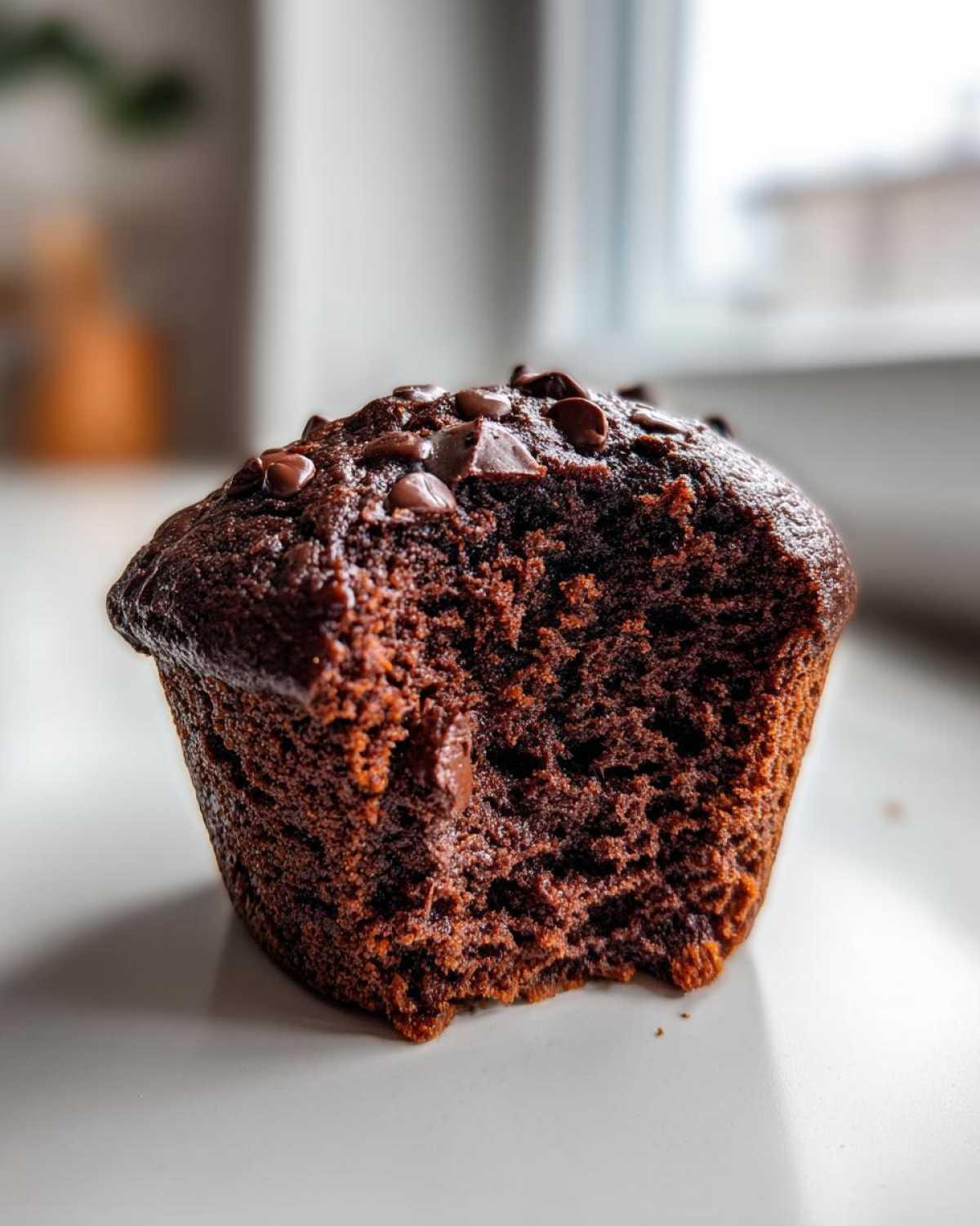 Close-up of a moist chocolate muffins interior showing rich crumb and chocolate chips, with a bite taken out.