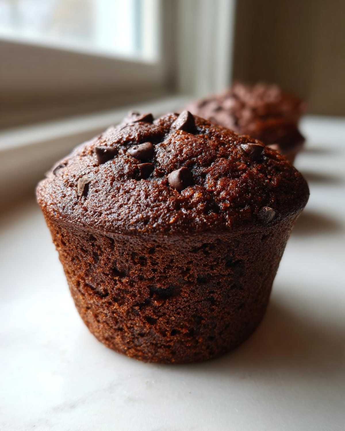 A close-up, macro shot of a single, dark, moist chocolate muffin topped with chocolate chips, sitting on a white surface.