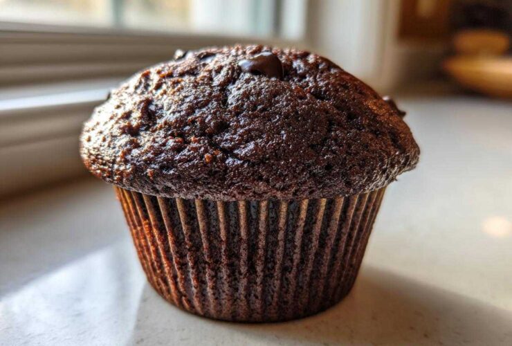 A single, dark, moist chocolate muffin topped with chocolate chips, sitting on a counter near a window.
