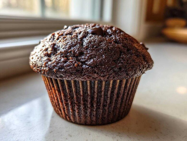 A single, dark, moist chocolate muffin topped with chocolate chips, sitting on a counter near a window.