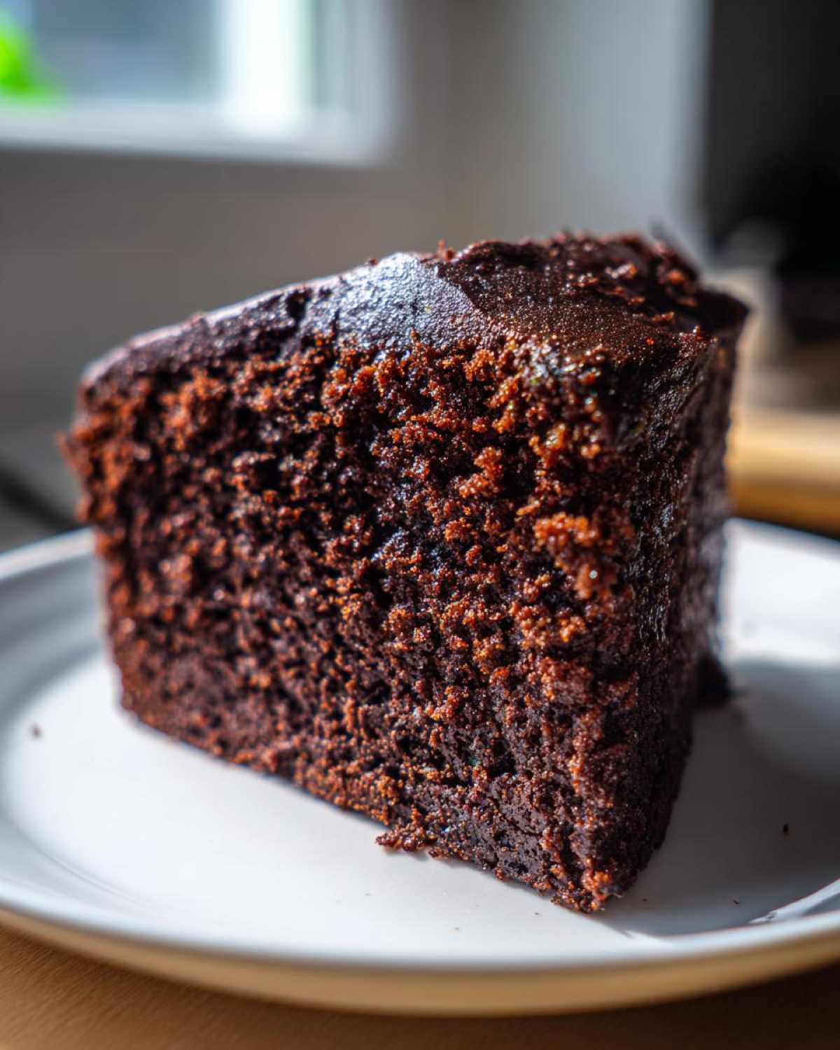 Close-up of a rich, dark slice of Top Rated Moist Chocolate Zucchini Cake on a white plate.