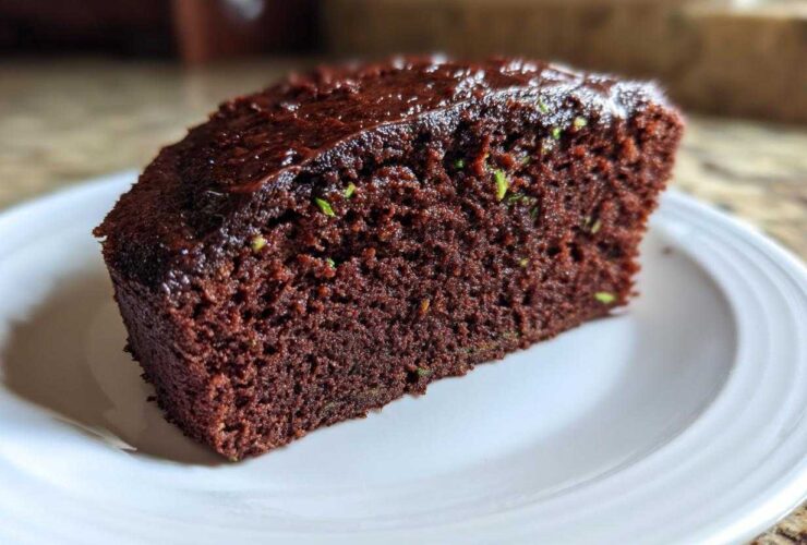A close-up of a slice of Top Rated Moist Chocolate Zucchini Cake with dark chocolate glaze.