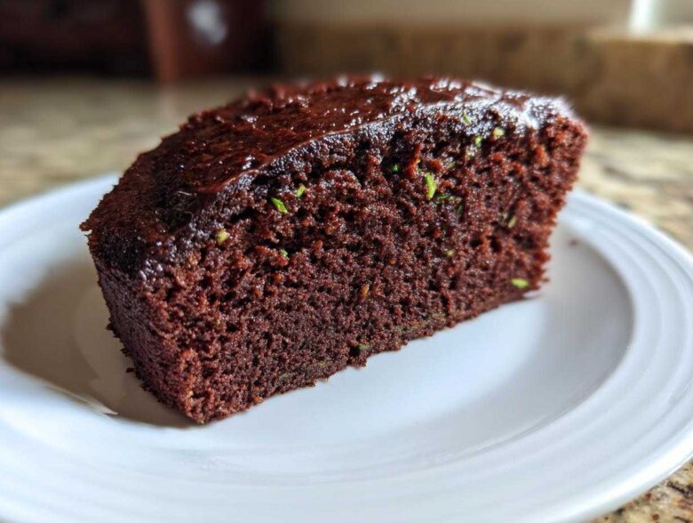 A close-up of a slice of Top Rated Moist Chocolate Zucchini Cake with dark chocolate glaze.