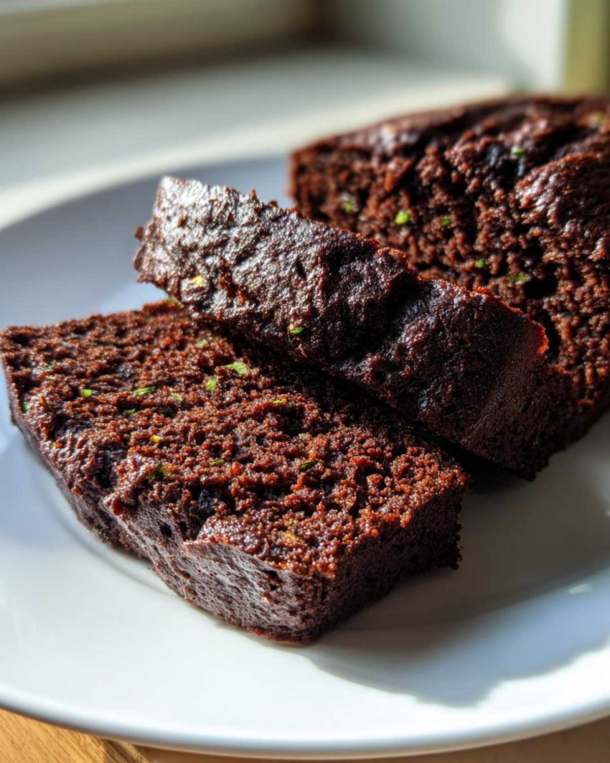 Close-up of two rich, dark slices of Top Rated Moist Chocolate Zucchini Cake showing green flecks of zucchini.