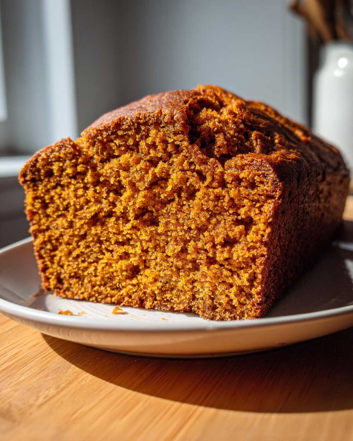 Close-up of a slice of moist, dark orange easy pumpkin bread showing its tender crumb texture.