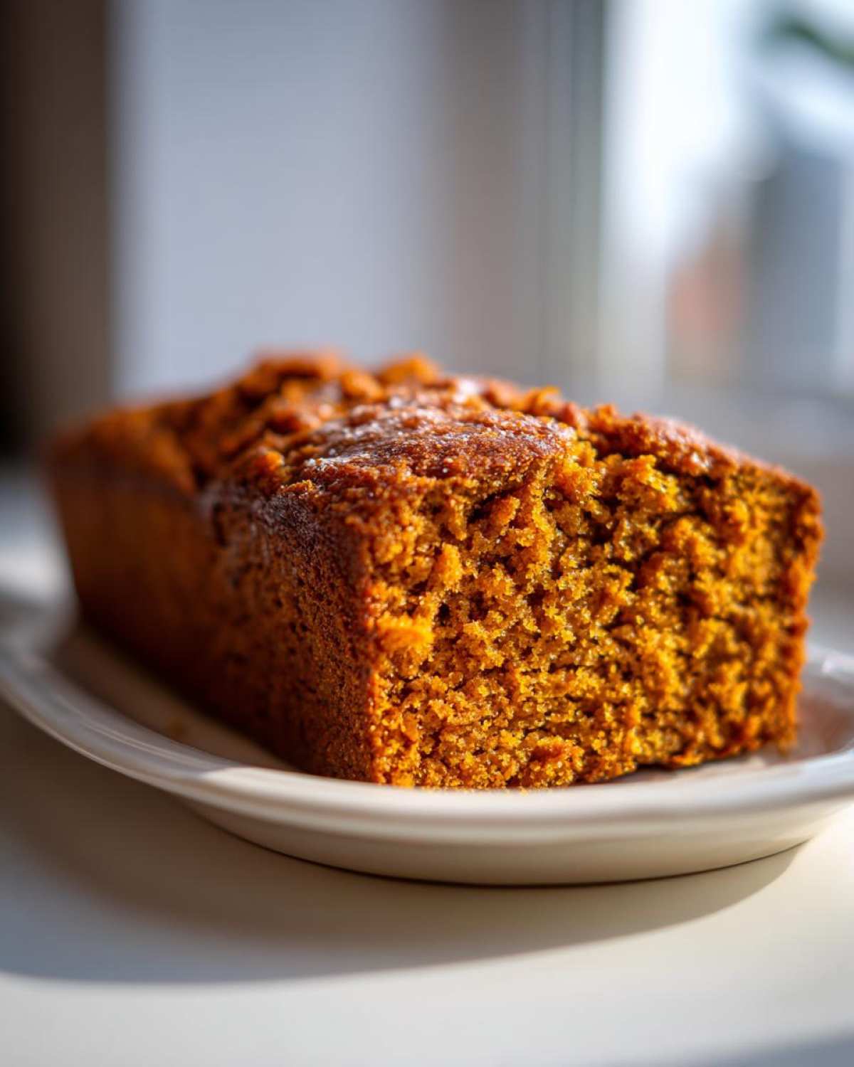 Close-up of a moist, dark orange slice of easy pumpkin bread resting on a white plate near a window.