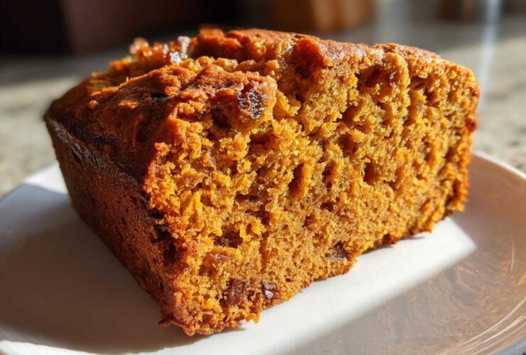 Close-up of a moist slice of easy pumpkin bread with visible raisins, sitting on a white plate.