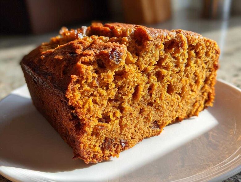 Close-up of a moist slice of easy pumpkin bread with visible raisins, sitting on a white plate.