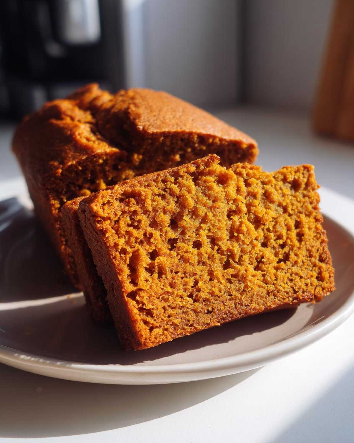 Close-up of two moist slices of easy pumpkin bread displayed on a light plate, catching bright sunlight.