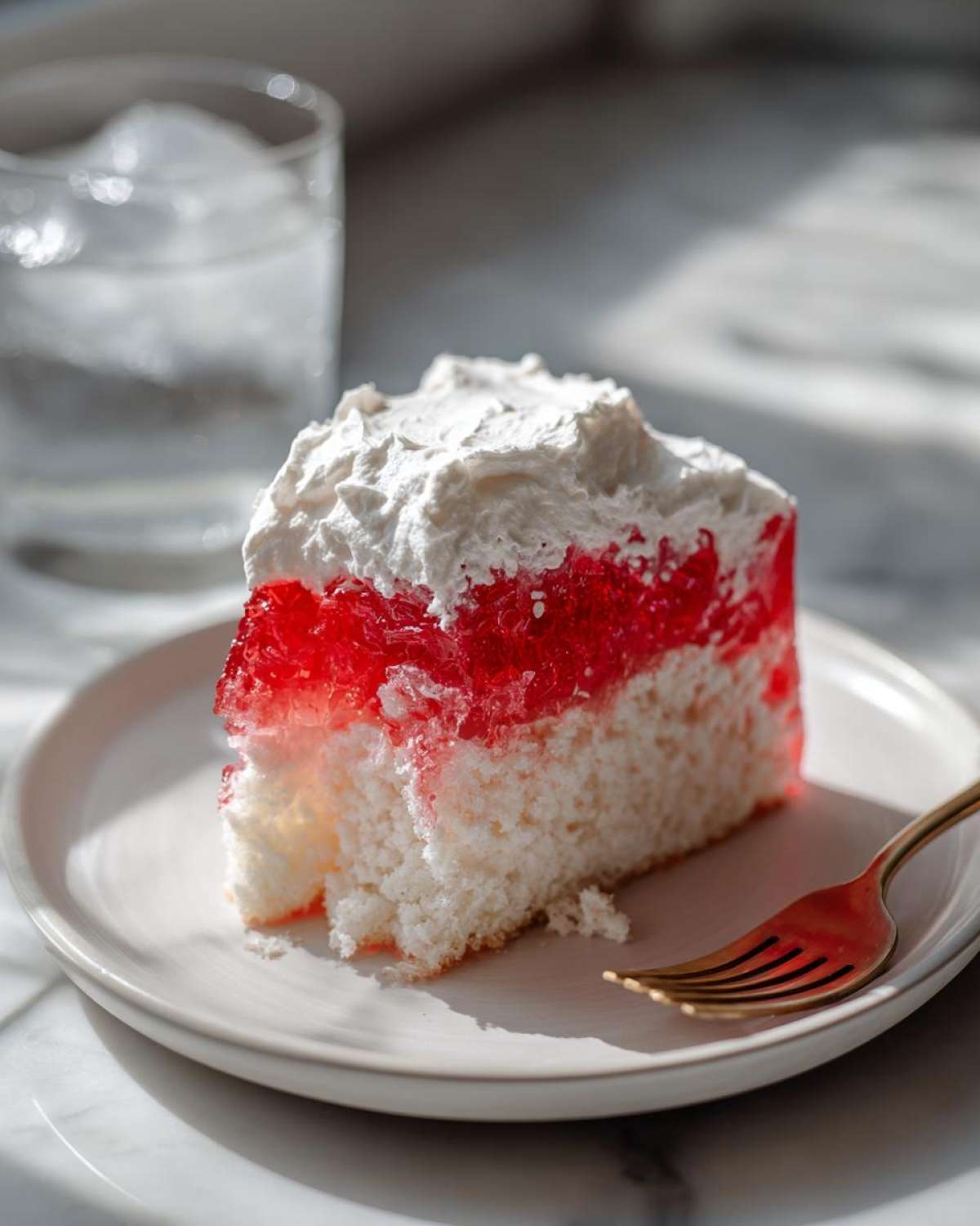 A slice of moist jello poke cake showing white cake base, bright red gelatin layer, and whipped cream topping.