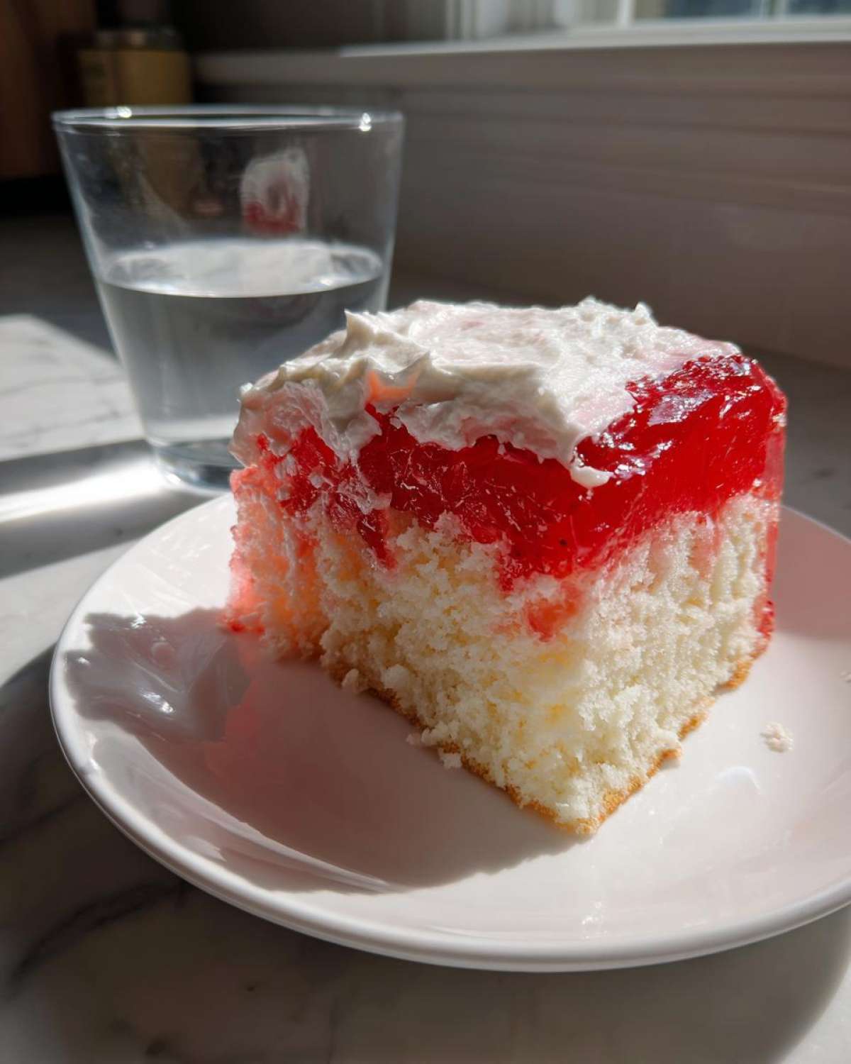 A square slice of moist jello poke cake with bright red gelatin soaked into the white cake, topped with whipped cream.