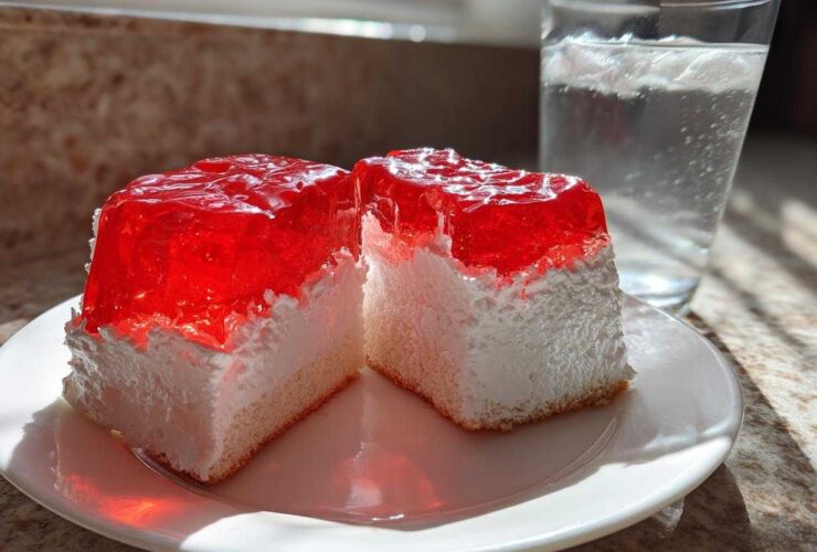 Two square slices of jello poke cake featuring a white creamy layer and a bright red, glossy jello topping, served on a white plate.