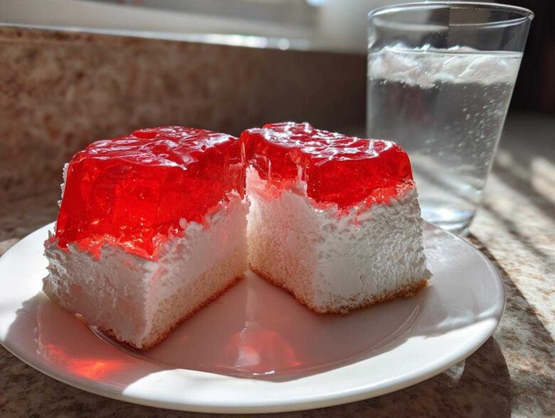 Two square slices of jello poke cake featuring a white creamy layer and a bright red, glossy jello topping, served on a white plate.