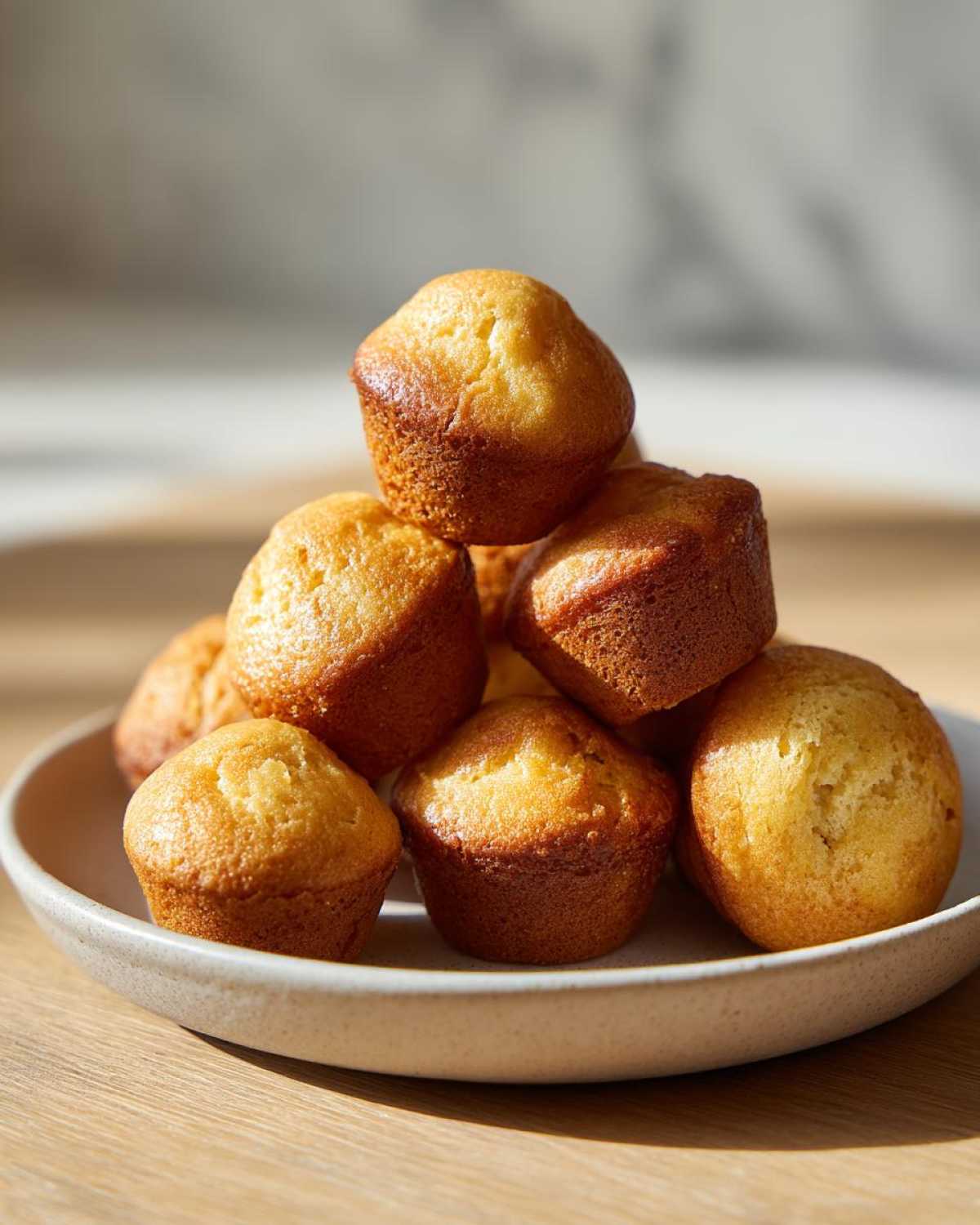 A stack of golden brown mini banana muffins piled high on a light ceramic plate.