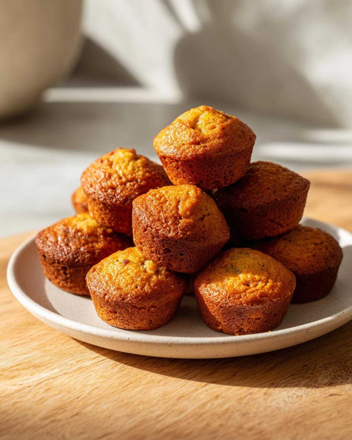 A stack of golden brown, moist mini banana muffins piled high on a light ceramic plate.