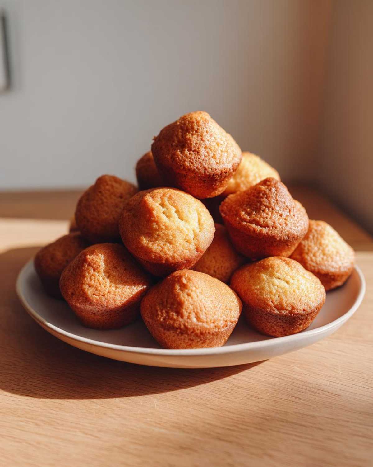 A warm stack of golden brown mini banana muffins piled high on a light-colored plate.