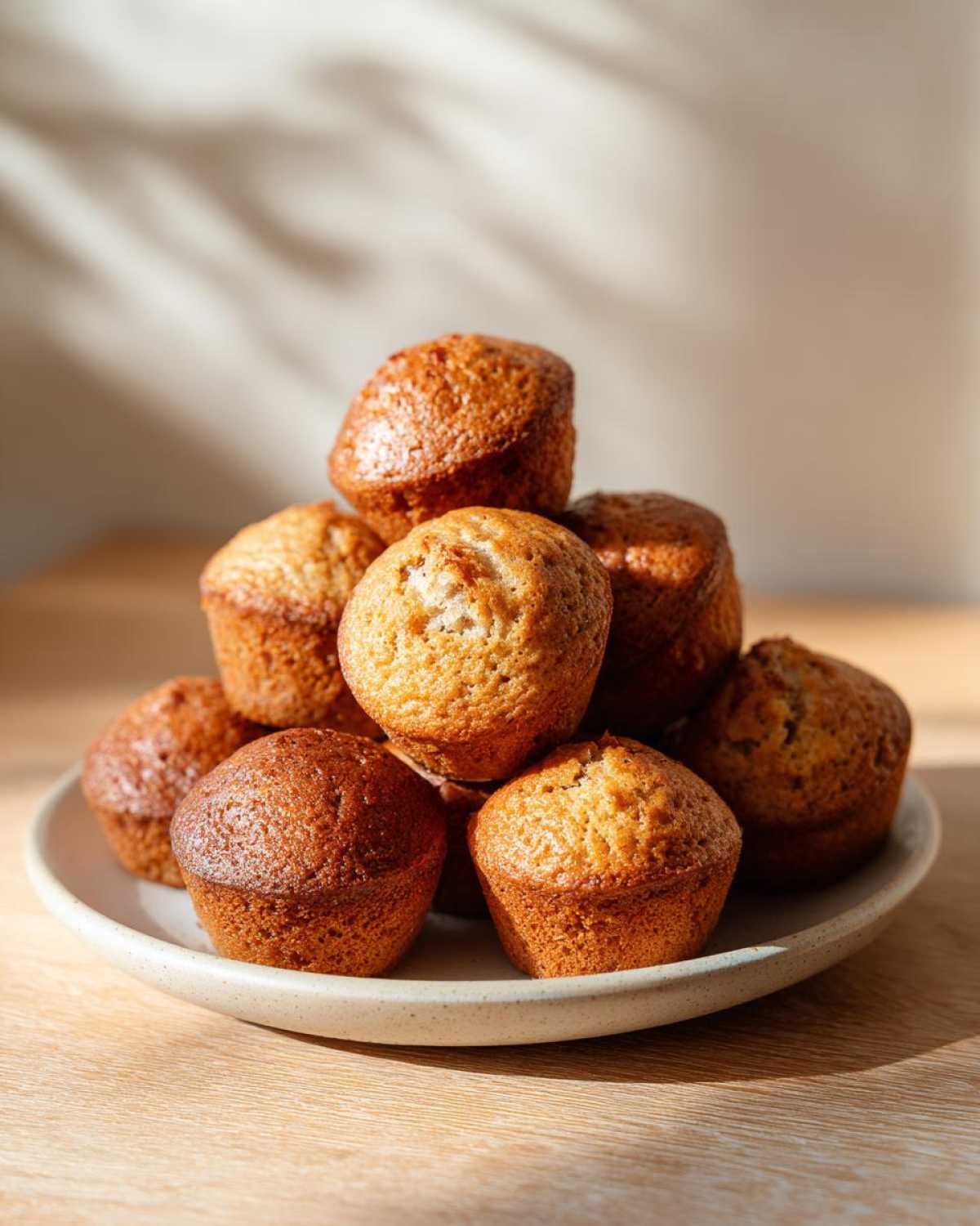 A stack of golden brown, moist mini banana muffins piled high on a speckled ceramic plate.