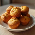 A pile of freshly baked, golden brown mini banana muffins sitting on a light-colored speckled plate.
