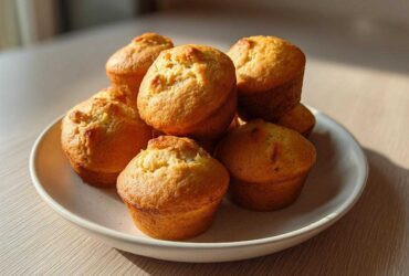A pile of freshly baked, golden brown mini banana muffins sitting on a light-colored speckled plate.