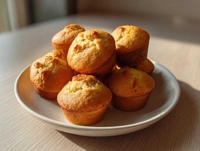 A pile of freshly baked, golden brown mini banana muffins sitting on a light-colored speckled plate.