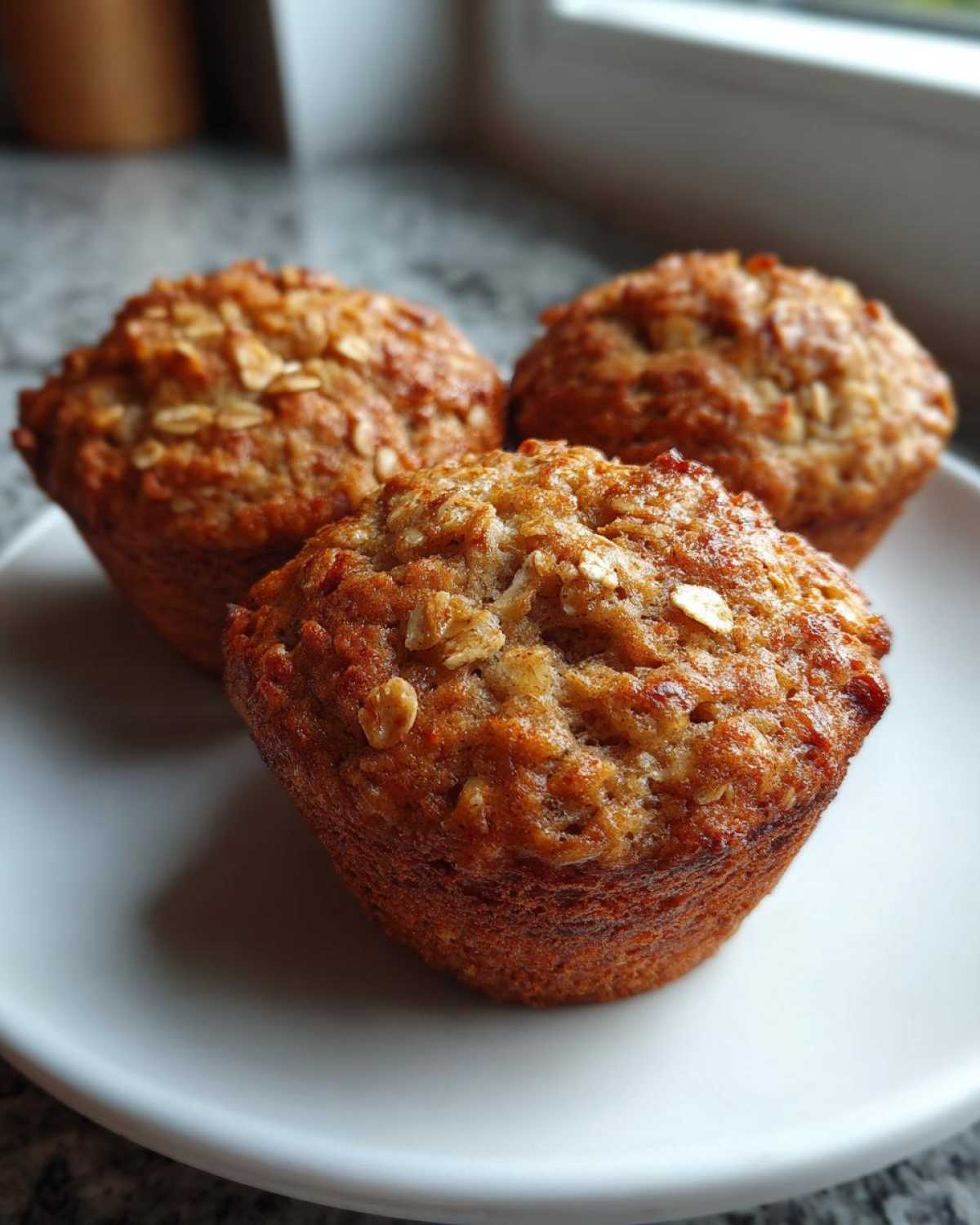 Close-up of three golden brown, moist oatmeal muffins topped with visible oats, resting on a white plate.