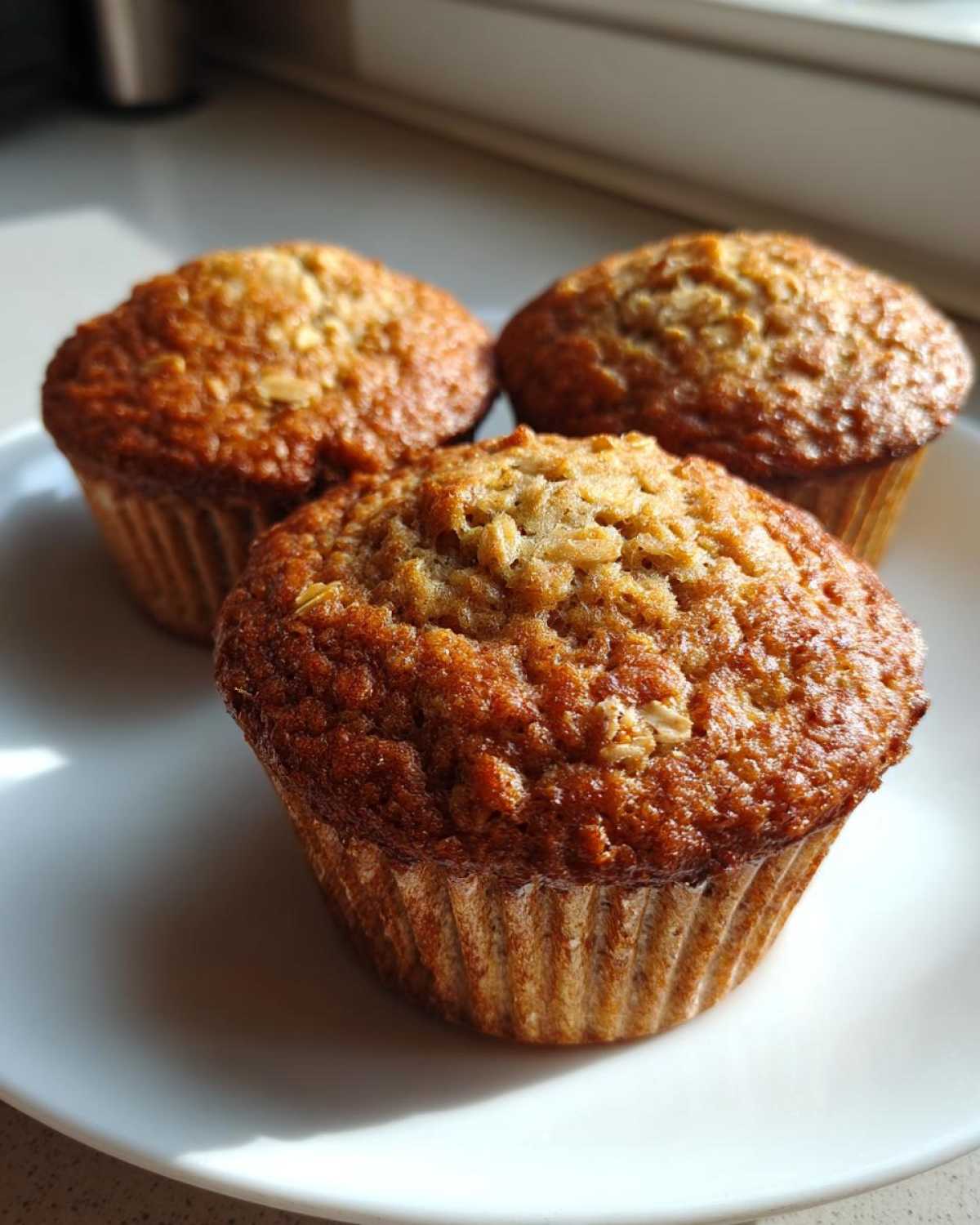 Close-up of three golden brown, moist oatmeal muffins topped with visible oats, resting on a white plate.