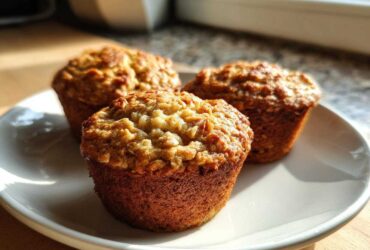 Close-up of three golden brown, moist oatmeal muffins with textured oat topping, sitting on a white plate near a window.