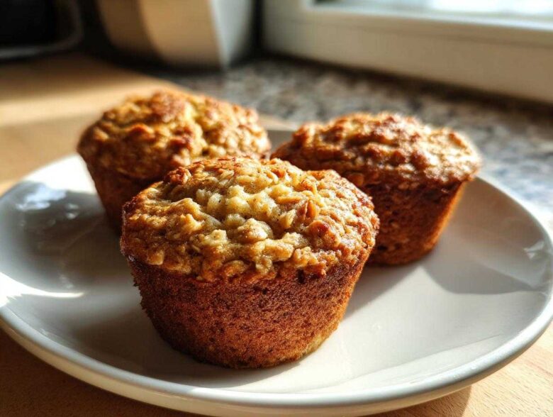 Close-up of three golden brown, moist oatmeal muffins with textured oat topping, sitting on a white plate near a window.