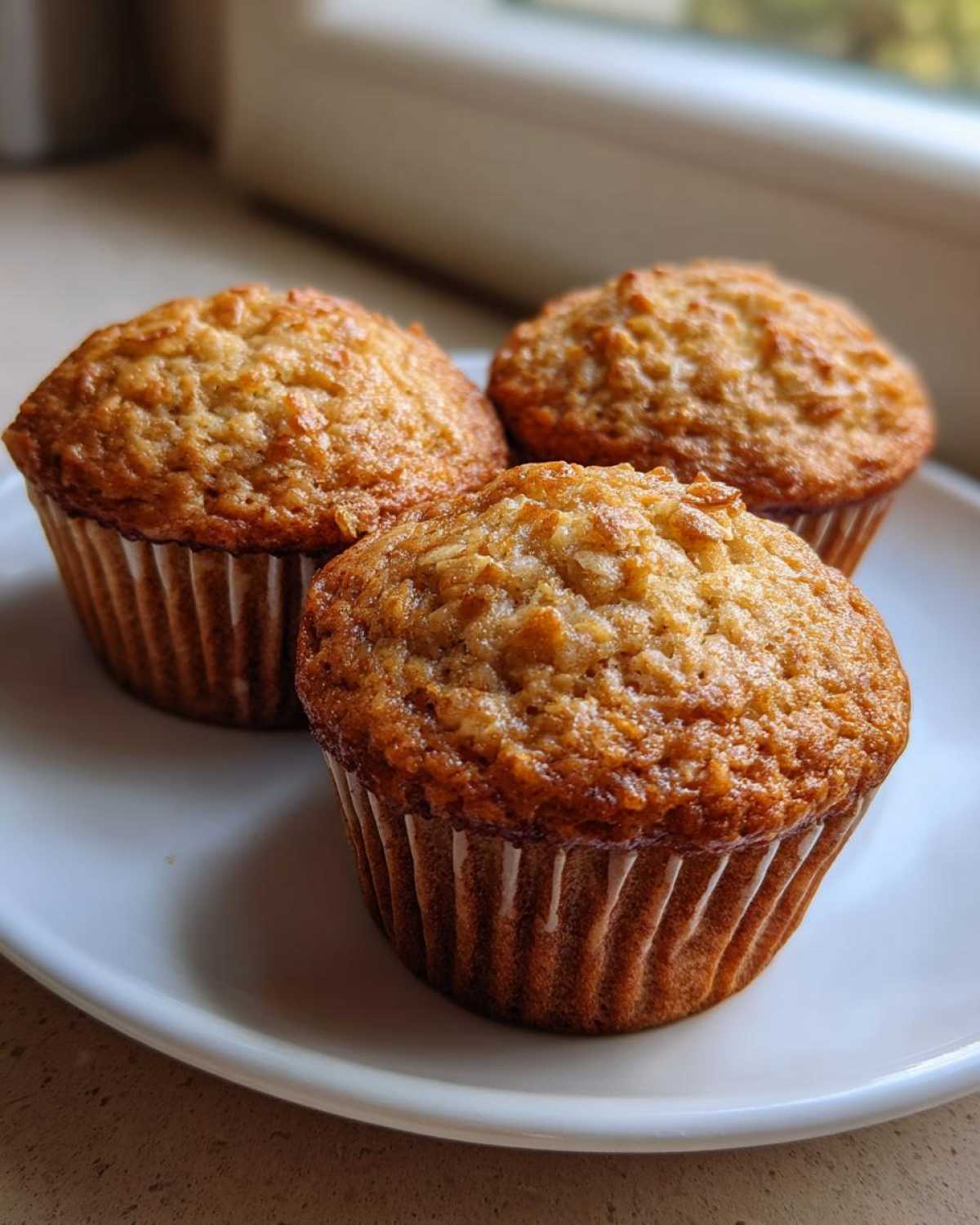 Three freshly baked, golden brown moist oatmeal muffins sitting on a white plate near a window.