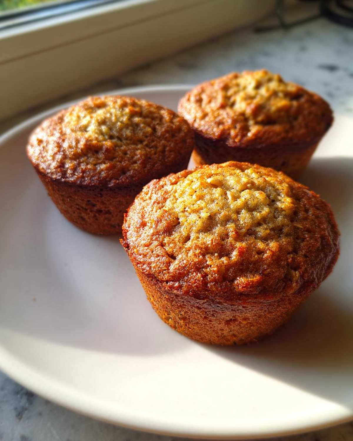 Three golden brown, freshly baked oatmeal muffins sitting closely together on a white plate near a window.
