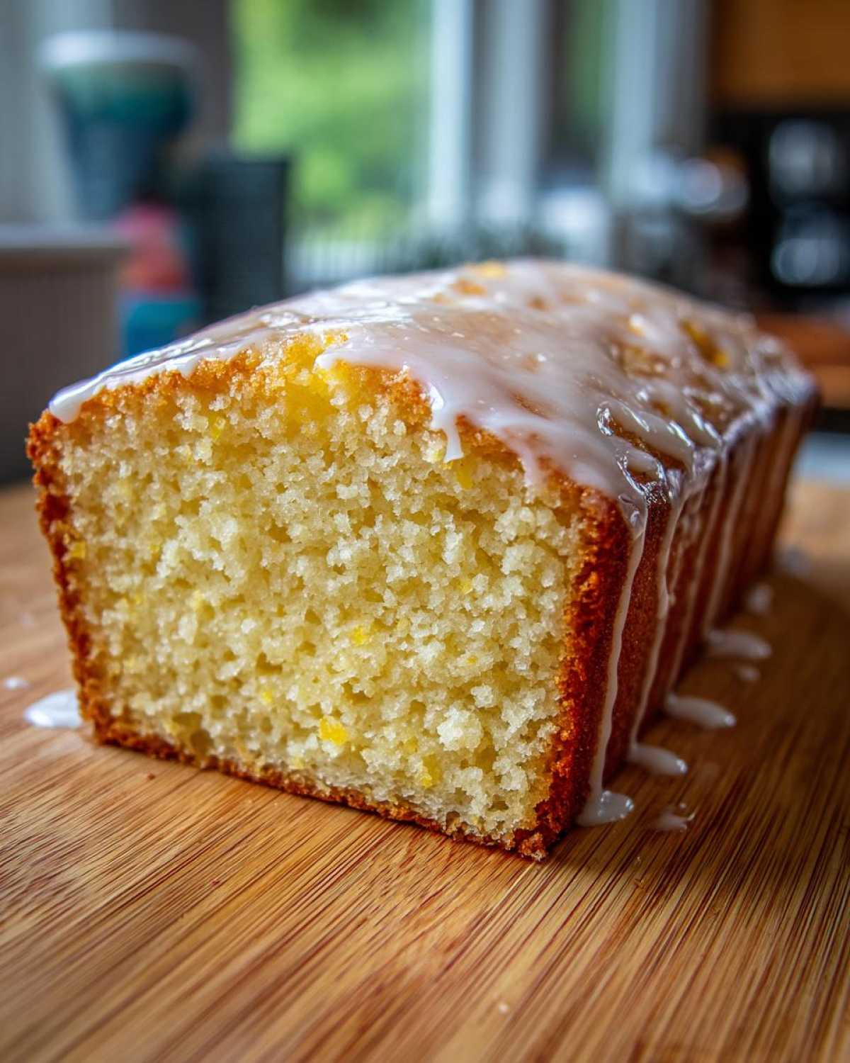 Close-up of a moist, sliced olive oil cake loaf topped with a drizzled white lemon glaze, resting on a wooden cutting board.