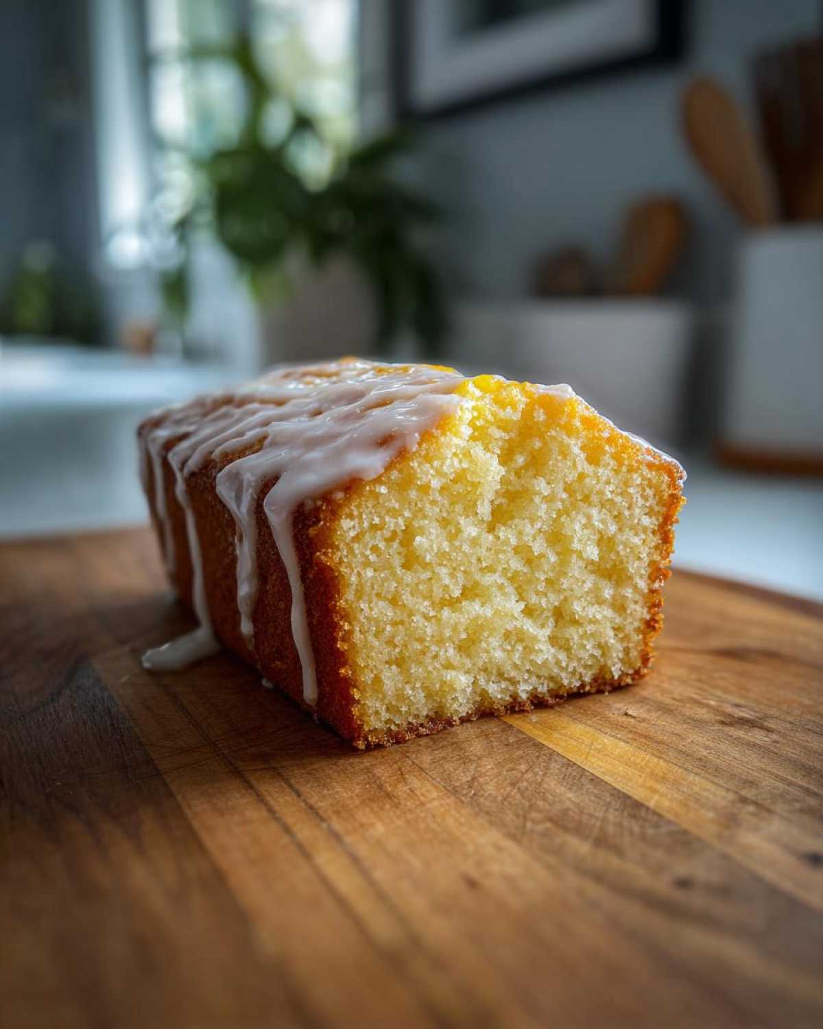 A cross-section of a moist olive oil cake loaf topped with white glaze, resting on a wooden cutting board.