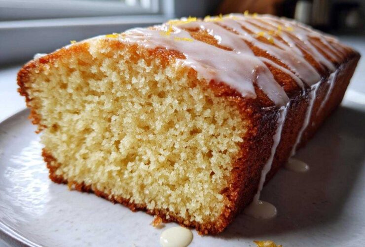 Close-up of a slice of incredibly moist olive oil cake loaf topped with a white lemon glaze and zest.