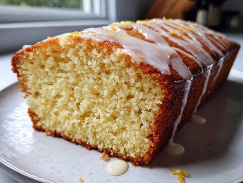 Close-up of a slice of incredibly moist olive oil cake loaf topped with a white lemon glaze and zest.
